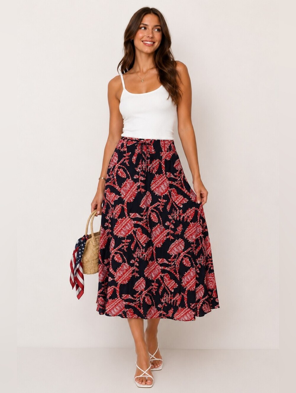Tommy Hilfiger Navy Red Floral Midi Skirt Size 6 Boho Patriotic Summer